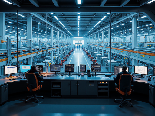 Modern factory floor, assembly line, workers in safety gear, industrial environment