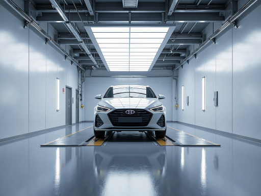 Sedan car model, front view, white color, parked in bright showroom lighting