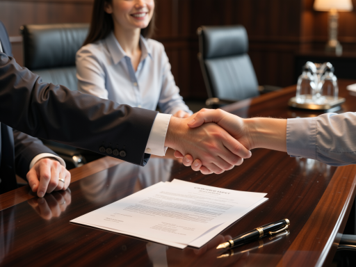 Business meeting, handshake between representatives, formal setting, contract signing