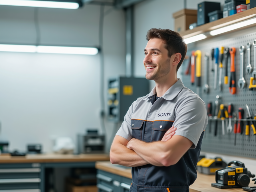 Automotive service center, technicians working, clean workshop, professional tools